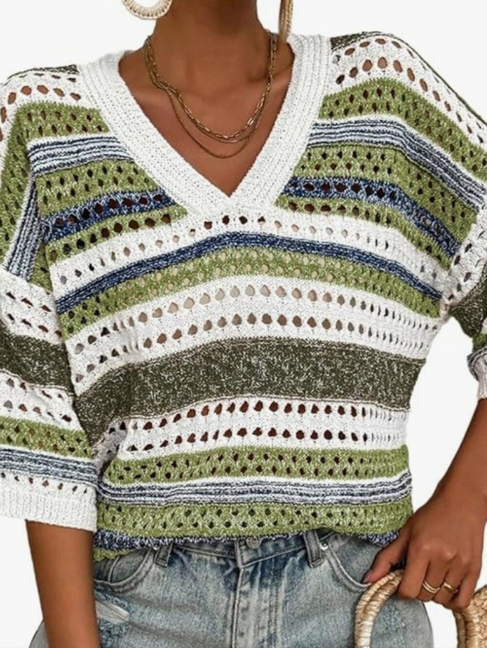 Women’s Open Knit Striped Sweater XL Green Navy White Pullover